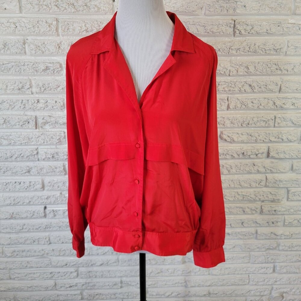 Susan Hutton Red Button Top 16W Plus Collared Long Sleeve Elastic Waist RED28E